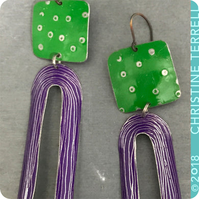 Bright Green & Purple Upcycled Tin Earrings by Christine Terrell for adaptive reuse jewelry