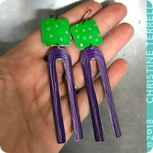 Load image into Gallery viewer, Bright Green &amp; Purple Upcycled Tin Earrings by Christine Terrell for adaptive reuse jewelry