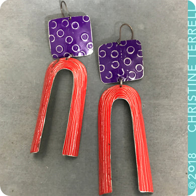 Royal Purple and Scarlet Arch Upcycled Tin Earrings by Christine Terrell for adaptive reuse jewelry
