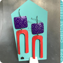 Load image into Gallery viewer, Royal Purple and Scarlet Arch Upcycled Tin Earrings by Christine Terrell for adaptive reuse jewelry