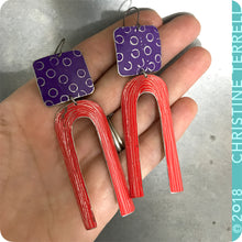 Load image into Gallery viewer, Royal Purple and Scarlet Arch Upcycled Tin Earrings by Christine Terrell for adaptive reuse jewelry