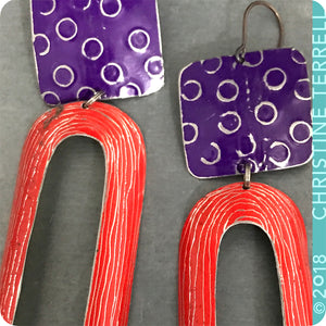Royal Purple and Scarlet Arch Upcycled Tin Earrings by Christine Terrell for adaptive reuse jewelry
