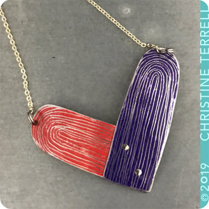 Scarlet & Purple Heart Upcycled Tin Earrings by Christine Terrell for adaptive reuse jewelry