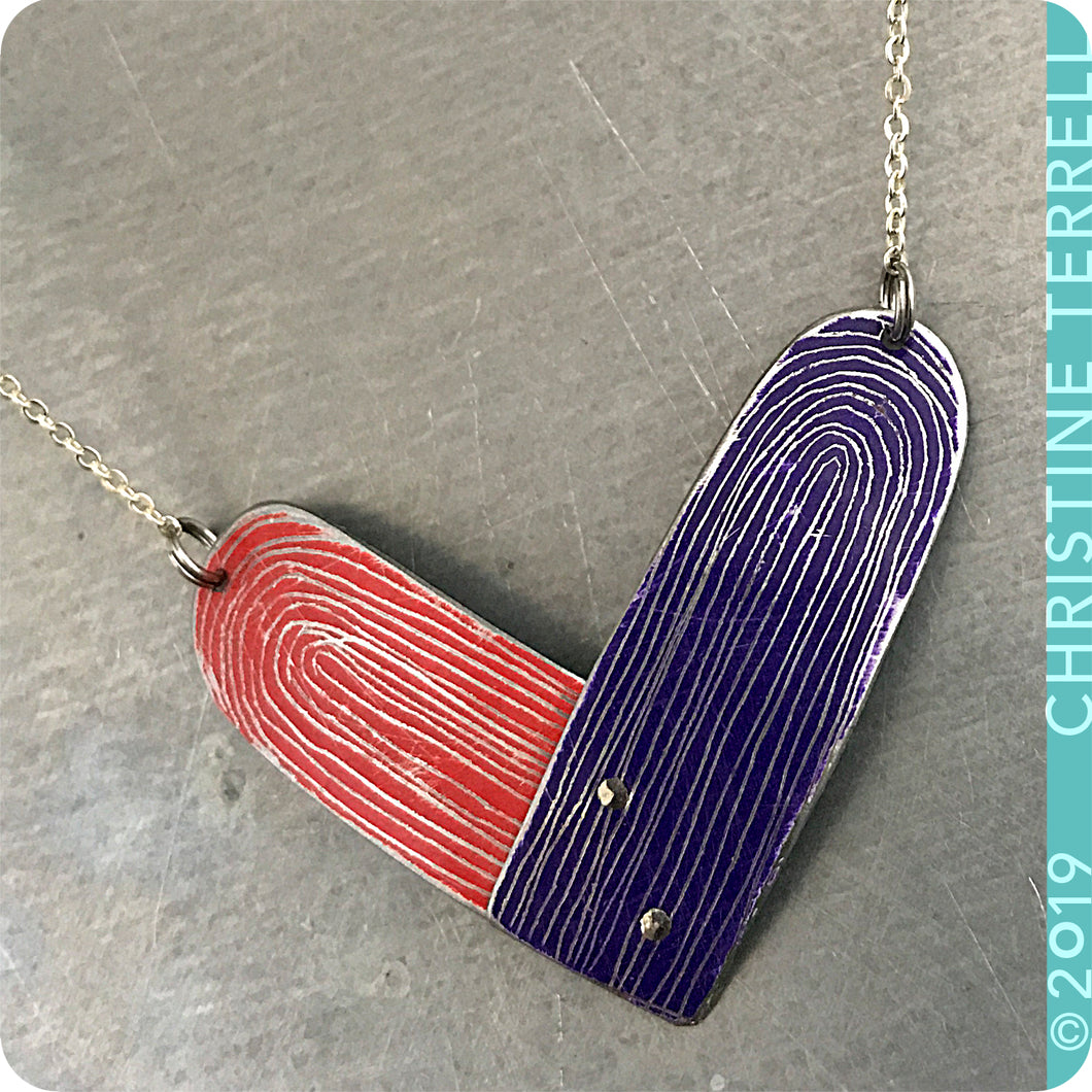Scarlet & Purple Heart Upcycled Tin Earrings by Christine Terrell for adaptive reuse jewelry