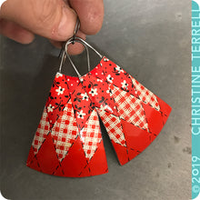 Load image into Gallery viewer, Red Bandana Long Fans Zero Waste Tin Earrings by Christine Terrell for adaptive reuse jewelry