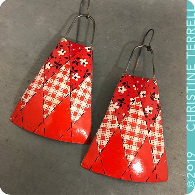 Red Bandana Long Fans Zero Waste Tin Earrings by Christine Terrell for adaptive reuse jewelry