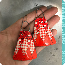 Load image into Gallery viewer, Red Bandana Long Fans Zero Waste Tin Earrings by Christine Terrell for adaptive reuse jewelry