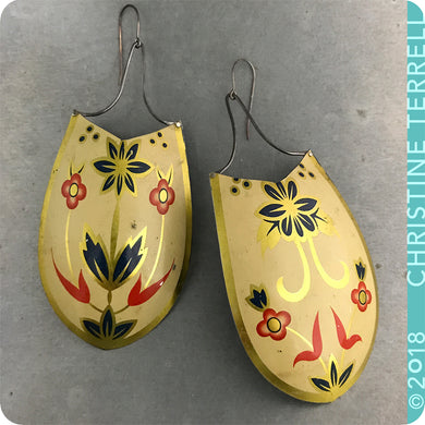 Red Flowers on Buttercream Upcycled Vintage Large Tin Earrings