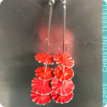 Load image into Gallery viewer, Bright Red Ruffled Circles Upcycled Tin Earrings by Christine Terrell for adaptive reuse jewelry