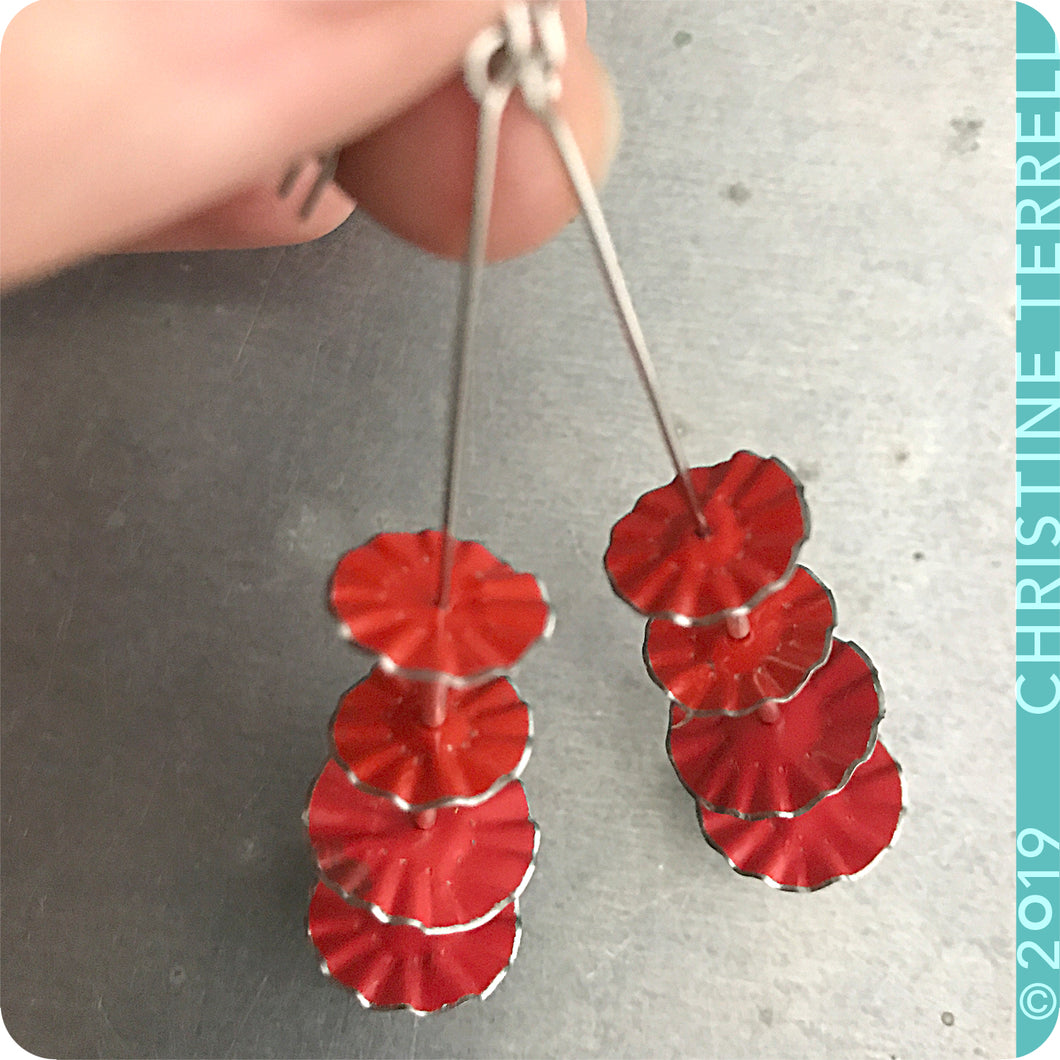 Bright Red Ruffled Circles Upcycled Tin Earrings by Christine Terrell for adaptive reuse jewelry