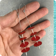 Load image into Gallery viewer, Bright Red Ruffled Circles Upcycled Tin Earrings by Christine Terrell for adaptive reuse jewelry