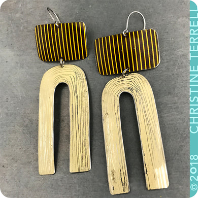 RESERVED: Striped & Cream Etched Arch Zero Waste Tin Earrings