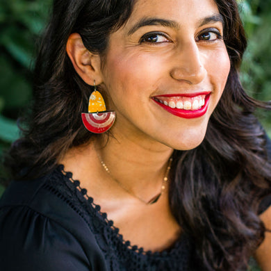 Sunny and Red Spirograph Upcycled Tin Boat Earrings