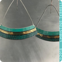 Load image into Gallery viewer, Teal Crosshatch Wide Arc Fan Zero Waste Tin Earrings