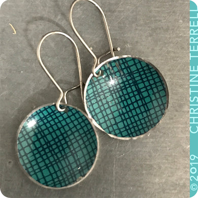 Teal Crosshatch Tiny Dot Slow Fashion Tin Earrings