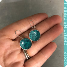 Load image into Gallery viewer, Teal Crosshatch Tiny Dot Slow Fashion Tin Earrings