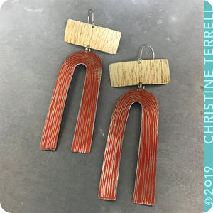 Saplings and Burnt Orange Etched Arch Upcycled Tin Earrings