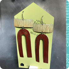 Load image into Gallery viewer, Saplings and Burnt Orange Etched Arch Upcycled Tin Earrings