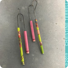 Load image into Gallery viewer, Totally Tubular Pink &amp; Bright Green Upcycled Tin Earrings