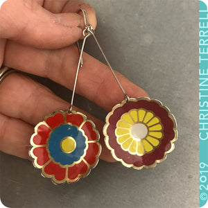 Reds & Yellow Vintage Stylized Flowers Recycled Tin Earrings