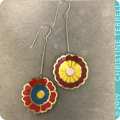 Reds & Yellow Vintage Stylized Flowers Recycled Tin Earrings