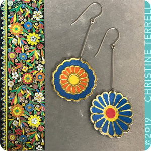 Mixed Blues Vintage Stylized Flowers Recycled Tin Earrings