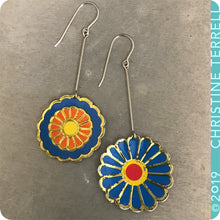 Load image into Gallery viewer, Mixed Blues Vintage Stylized Flowers Recycled Tin Earrings