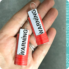 Load image into Gallery viewer, WARNING! Red Etched Recycled Tin Earrings