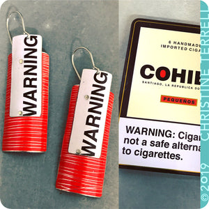 WARNING! Red Etched Recycled Tin Earrings