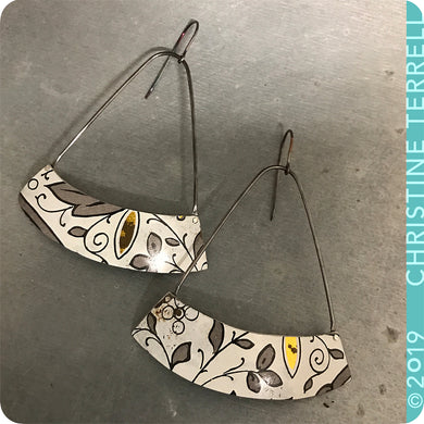 Vintage White Gray Flowered Arc Edge Upcycled Tin Earrings