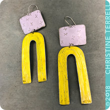 Load image into Gallery viewer, White X&#39;d &amp; Yellow Etched Arch Zero Waste Tin Earrings