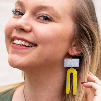 White X'd & Yellow Etched Arch Zero Waste Tin Earrings