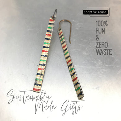 Vintage Green Red & Black Dashes Narrow Edge Vintage Upcycled Tin Earrings