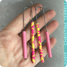 Load image into Gallery viewer, Totally Tubular Pink &amp; Tropical Pattern Upcycled Tin Earrings