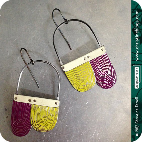 Purple & Citron Etched Arch Dangle Tin Earrings