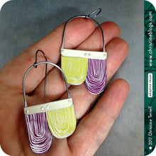 Load image into Gallery viewer, Purple &amp; Citron Etched Arch Dangle Tin Earrings