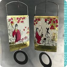 Load image into Gallery viewer, Japanese Women in Red Kimono Golden Zero Waste Tin Earrings