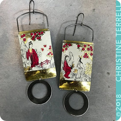 Japanese Women in Red Kimono Golden Zero Waste Tin Earrings