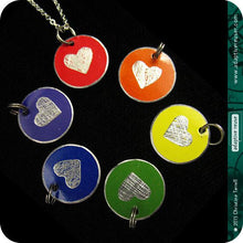 Load image into Gallery viewer, RESERVED 10 Etched Silver Heart on Green Upcycled Tin Necklace