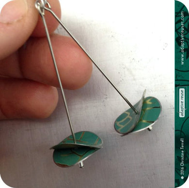 Deep Teal Golden Crackle Double Radio Wave Upcycled Tin Earrings