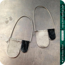 Load image into Gallery viewer, Antiqued Black &amp; White Arch Dangle Tin Earrings by Christine Terrell for adaptive reuse jewelry 