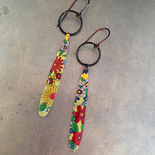 Load image into Gallery viewer, Vintage Recycled Tin Allover Flowers Ethical Long Teardrop Earrings