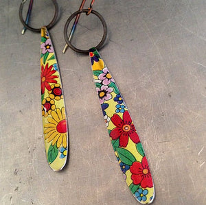 Vintage Recycled Tin Allover Flowers Ethical Long Teardrop Earrings