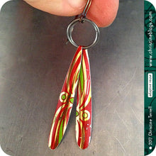 Load image into Gallery viewer, upcycled red and green tin earrings by christine terrell for adaptive reuse jewelry