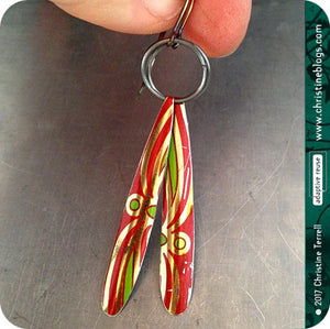 upcycled red and green tin earrings by christine terrell for adaptive reuse jewelry