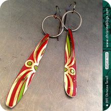 Load image into Gallery viewer, upcycled red and green tin earrings