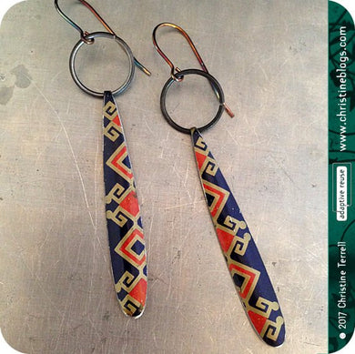 Chinese Pattern Upcycled Tin Earrings by Christine Terrell for adaptive reuse jewelry