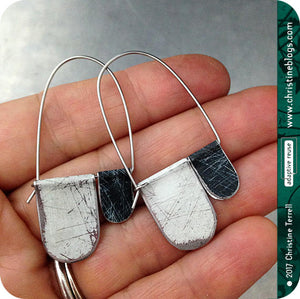 Antiqued Black & White Arch Dangle Tin Earrings by Christine Terrell for adaptive reuse jewelry 