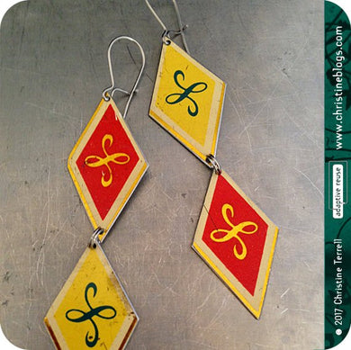 Vintage Yellow & Red Diamonds Upcycled Tin Earrings by Christine Terrell for adaptive reuse jewelry 
