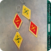 Load image into Gallery viewer, Vintage Yellow &amp; Red Diamonds Upcycled Tin Earrings by Christine Terrell for adaptive reuse jewelry 